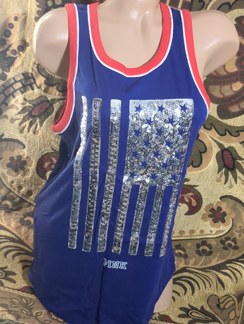 PINK Victoria's Secret Blue Tank Top with Red Trim and Silver Sequin Flag